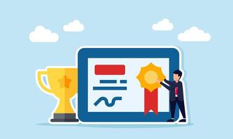 Businessman placing a medal on a certificate next to a trophy illustration of success in becoming a leading business company vector