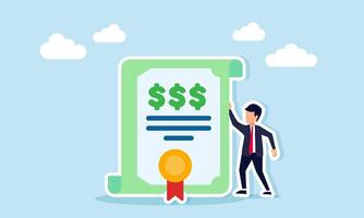 Businessman standing next to certificate with three dollar signs illustration of success in achieving business financial targets vector