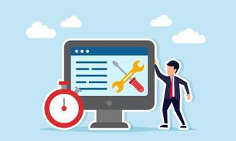 Businessman standing next to an alarm clock and a monitor displaying a wrench and screwdriver representing a deadline for business system maintenance illustration vector