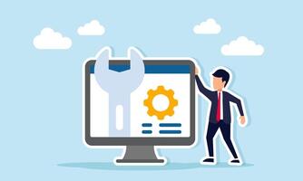 Businessman near a monitor displaying a mechanical key and system gear representing maintenance of a business application system illustration vector