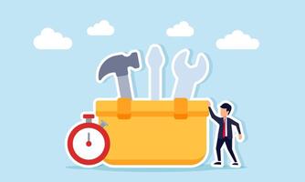 Businessman standing next to a tool kit box with an alarm clock representing a deadline for business system maintenance illustration vector