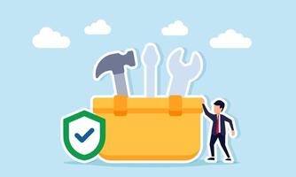 Businessman standing next to a tool kit box with a shield marked with a check symbol representing guaranteed business system illustration vector