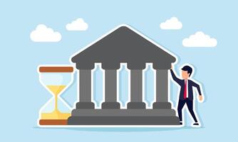 Businessman near courthouse and hourglass illustration of the time needed to build a business in the legal consulting field vector