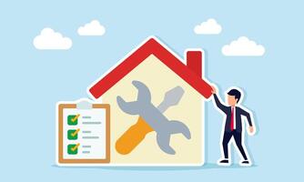 Businessman near a house marked with a wrench and screwdriver with a monitor displaying a document work list representing monitoring progress of business system repair illustration vector