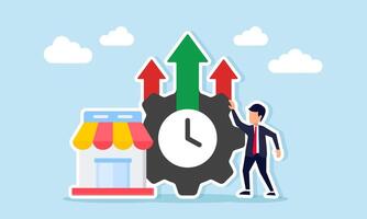 Businessman near store and gear with upward arrow and indicator needle illustration of improving marketplace business team performance vector