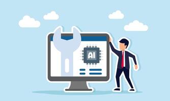 Businessman near a monitor displaying a mechanical key and AI processor representing the use of artificial intelligence for business work optimization illustration vector