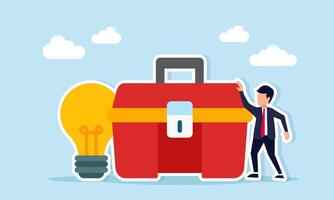 Businessman near tool kits and light illustration of idea and improvisation in business system improvement vector