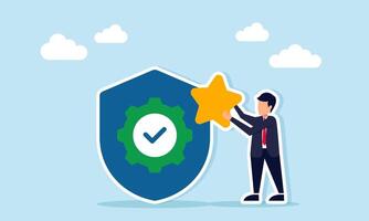 Businessman holding a star near a shield with a checkmark illustration of validation and verification for business quality standards vector