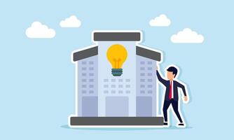 Businessman near building with light symbol illustration of source of business idea inspiration vector