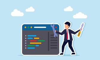 Businessman near programming interface holding screwdriver and wrench illustration of routine maintenance for business application system vector