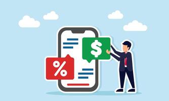 Businessman near a smartphone with a percent chat dialog while holding a dollar chat dialog representing browsing for inspiration on promotional strategy with discounts illustration vector