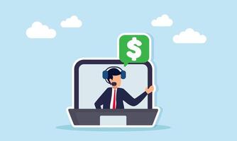 Businessman inside a laptop screen wear headphones share something that triggers a chat dialog with a dollar symbol representing discussion about business financial management illustration vector