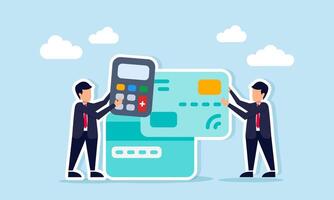 Businessman holding calculator and another arranging credit or debit card illustration of business income and expense calculation vector