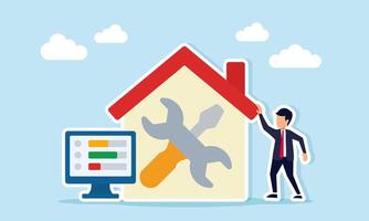 Businessman near a house marked with a wrench and screwdriver with a monitor displaying a progress bar list representing monitoring progress of business system repair illustration vector