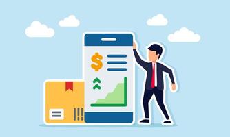 Businessman beside package box and app interface showing graph and dollar sign illustration of financial growth in logistics business vector