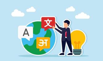 Businessman near light placing language sign on globe with several signs illustration of idea to start a language course business vector