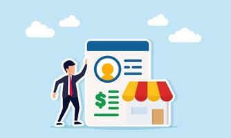 Businessman near store and app interface showing profile and dollar sign illustration of business owner profile with wealth valuation vector