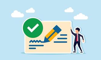 Businessman near document paper with check mark being written with pencil illustration of preparing business performance report vector
