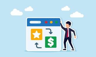 Businessman near an app interface showing exchange between star and dollar symbols illustration of designing a scheme to improve business quality standards vector