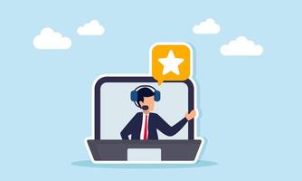 Businessman inside a laptop screen wearing headphones sharing something that triggers a chat dialog with a star symbol representing discussion about business quality standards illustration vector