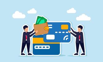Businessman holding a wallet full of money while another arranges credit or debit card illustration of business financial stability vector
