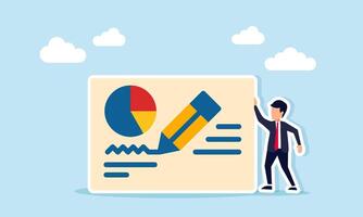Businessman near document paper showing graph being written with pencil illustration of preparing business team performance report vector