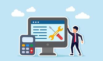 Businessman standing next to a calculator and a monitor displaying a wrench and screwdriver symbolizing business system maintenance risk calculation illustration vector
