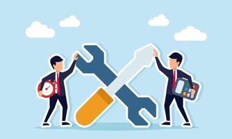 A wrench and screwdriver placed between a businessman holding a stopwatch and another holding a calculator representing calculation and supervision of system maintenance illustration vector