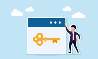Businessman near an app interface showing a key illustration of solution to troubleshoot business application issues vector