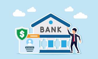 Businessman near app login interface with shield showing dollar symbol and bank building illustration of financial asset and data security in investment vector