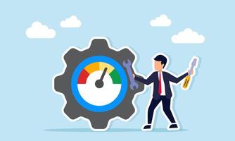 Businessman near gear machine with level indicator holding screwdriver and wrench illustration of routine maintenance for business systems vector