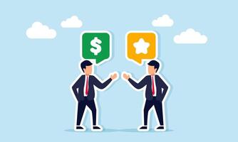 Two businessmen talking with chat bubbles showing a dollar and a star illustration of sharing strategies for improving business quality vector