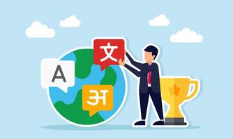 Businessman near trophy placing language sign on globe with existing signs illustration of success in building a language course business vector