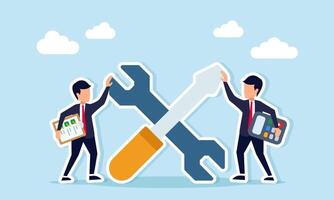 A wrench and screwdriver placed between a businessman hold a work document list and another hold a calculator representing calculation and supervision of system maintenance illustration vector