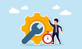 Businessman near system gear mechanical key and stopwatch representing a deadline for business system maintenance illustration vector