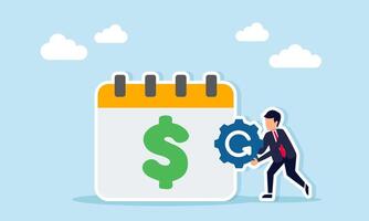 Businessman near calendar marked with dollar carrying gear marked with continuous illustration of regular maintenance for business financial system vector