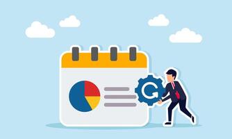 Businessman near calendar with pie chart holding gear marked with continuous illustration of preparing business reports on a regular basis vector