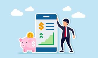 Businessman beside piggy bank and app interface showing graph and dollar sign illustration of increasing business investment returns vector