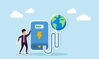 Businessman near power bank charging the earth illustration of restoring the planet or company csr for reforestation vector