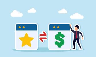 Businessman near two app interfaces showing a star and a dollar symbol separated by a double arrow illustration of information exchange on business quality and finance management vector