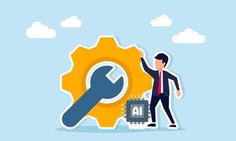 Businessman near system gear mechanical key and AI processor representing efficiency and effectiveness in improving business system maintenance illustration vector