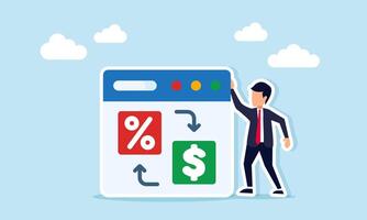 Businessman near an app interface showing exchange between percent and dollar symbols illustration of planning strategy to increase profit through sales discount approach vector