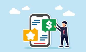 Businessman near a smartphone with a star chat dialog while hold a dollar chat dialog represent browse and searching about financial management and business quality improvement illustration vector