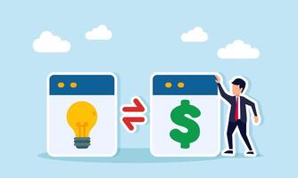Businessman near two app interfaces showing a lightbulb and a dollar sign separated by a double arrow illustration of exchanging ideas and business finance vector