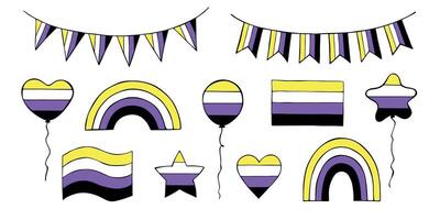 Set of colorful pride flag Happy pride day LGBTQIA community Pride Month hand drawn doodle for posters, stickers, logo, card vector
