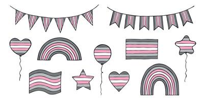 Set of colorful Demigirl pride flag Happy pride day LGBTQIA community Pride Month hand drawn doodle for posters, stickers, logo, cards Happy vector