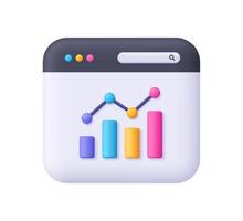 Web page and growth bar chart with columns and upward arrow. Financial stock market, data analysis and business concept. 3d icon. Cartoon minimal style. vector