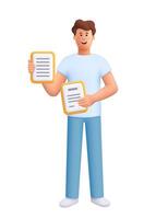 Young smiling man James holding two documents or sheets of paper in both hands. Business, education, office work concept. 3d people character. Cartoon minimal style. vector