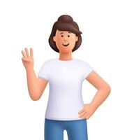 Young smiling woman Jane showing a three fingers gesture, number three. 3d people character. Cartoon minimal style. vector