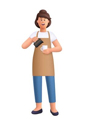 Young smiling female barista Jane pouring a drink into a coffee cup. Coffee shop, coffee time concept. 3d people character. Cartoon minimal style.